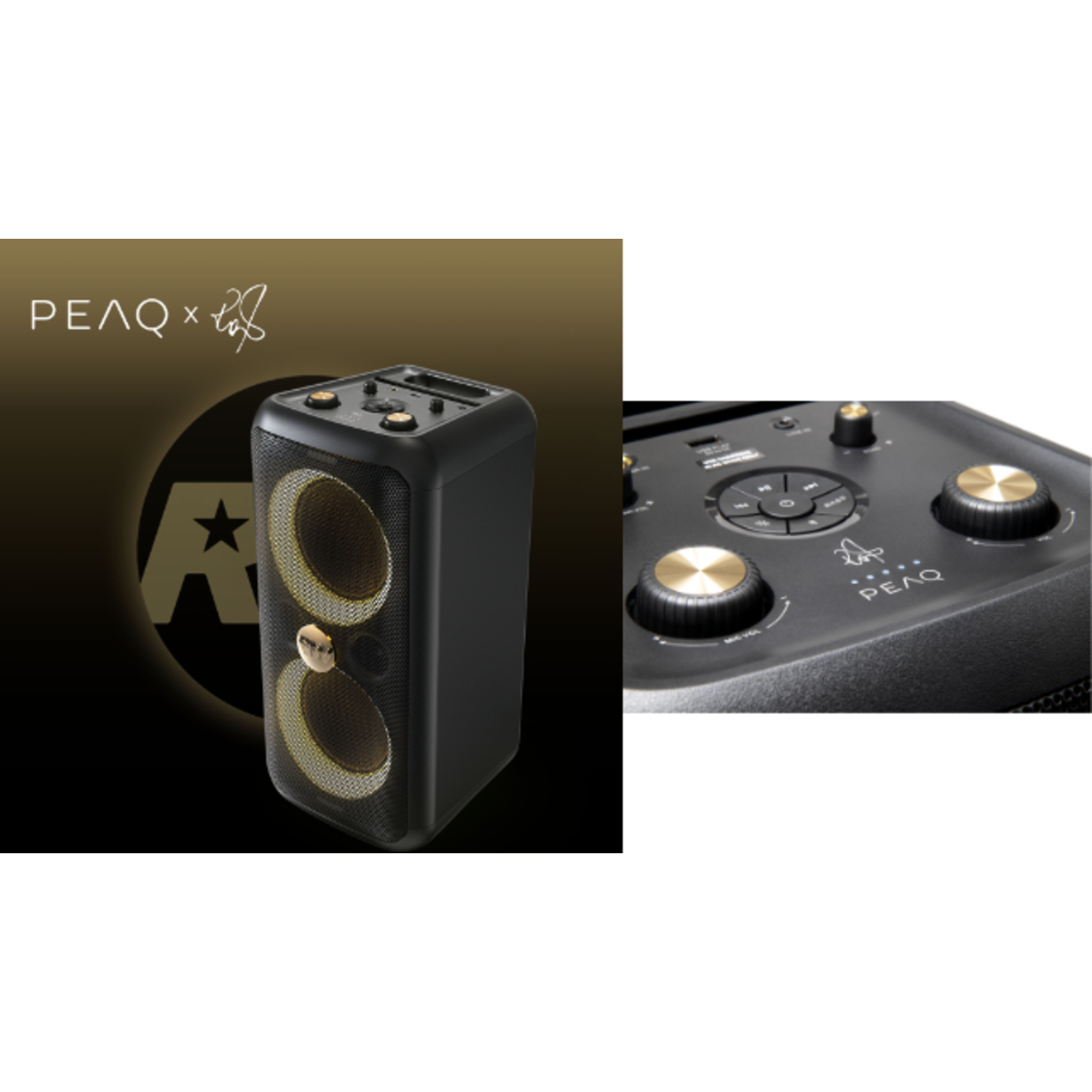 Black PEAQ speaker with gold accents. Controls are visible. PEAQ logo on the speaker. Background is gradient gold.