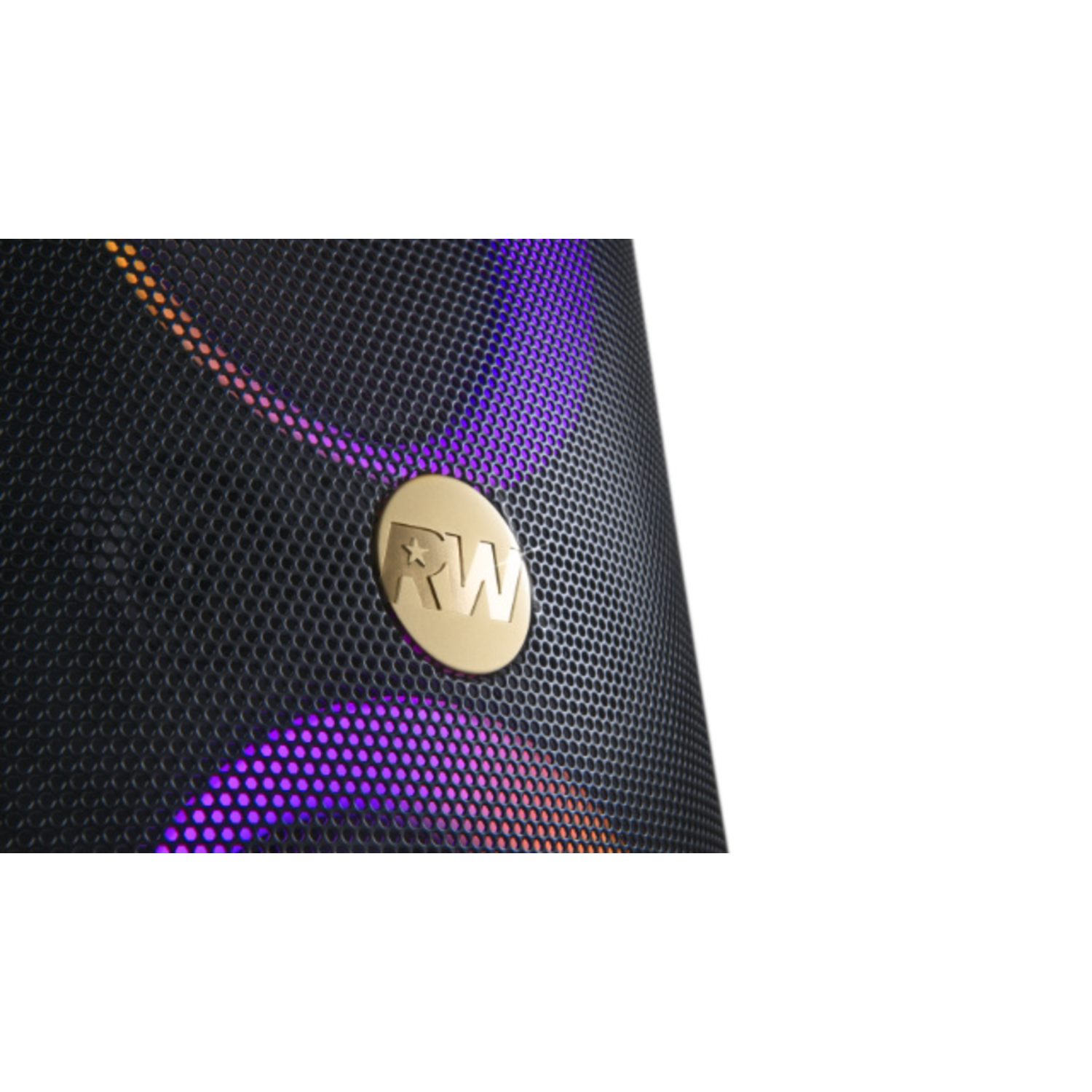 Black speaker with a gold logo and colorful lights. The speaker has a mesh design.