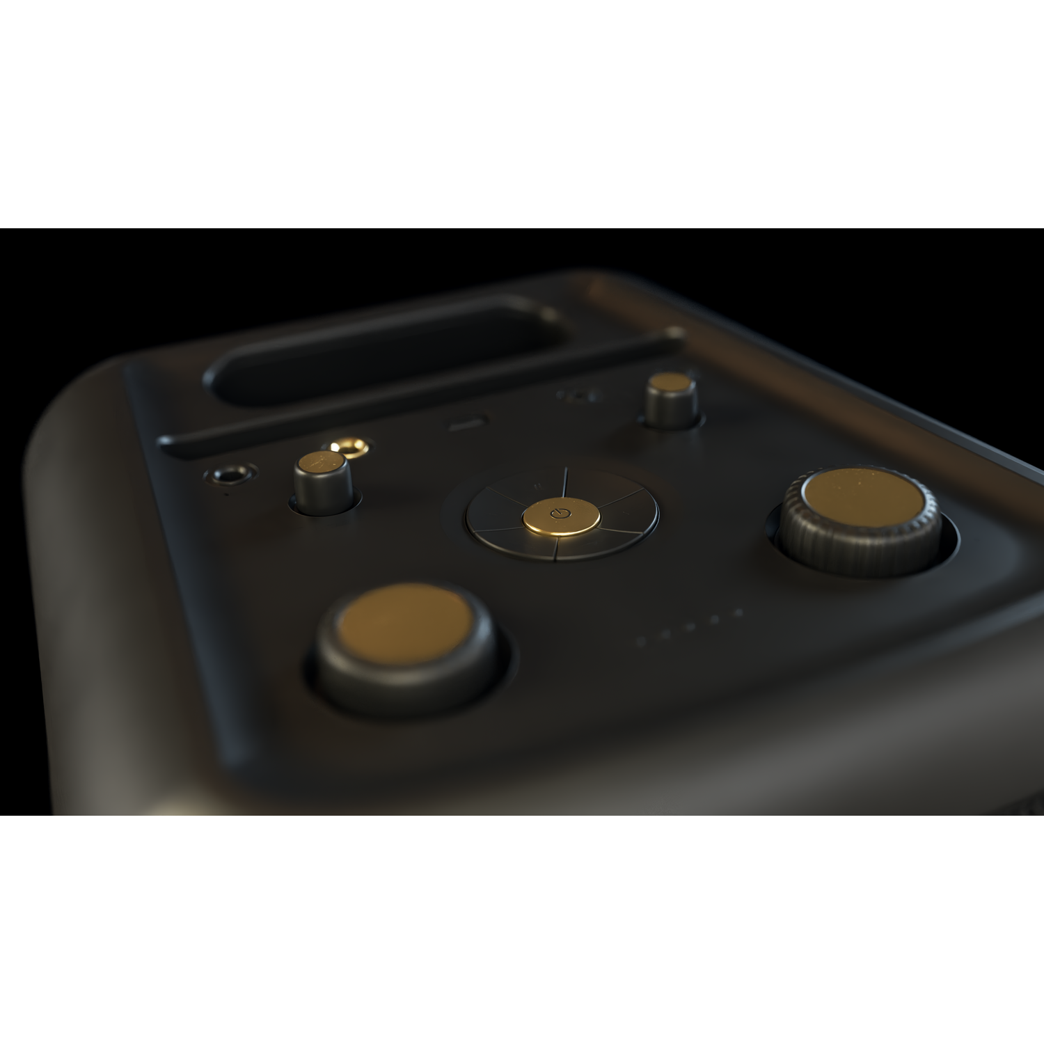 Close-up of a black device with gold knobs and buttons against a black background. Several controls and a handle are visible.