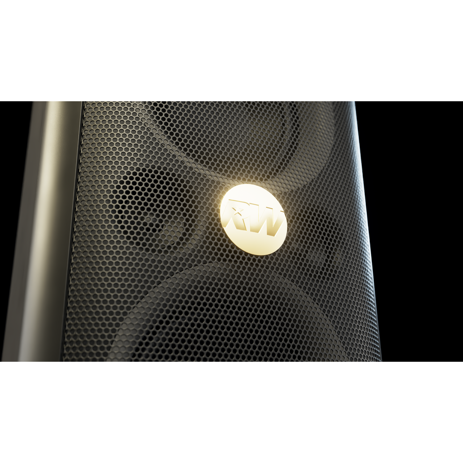 A speaker with a perforated metal front. A gold logo glows in the center. The background is black.