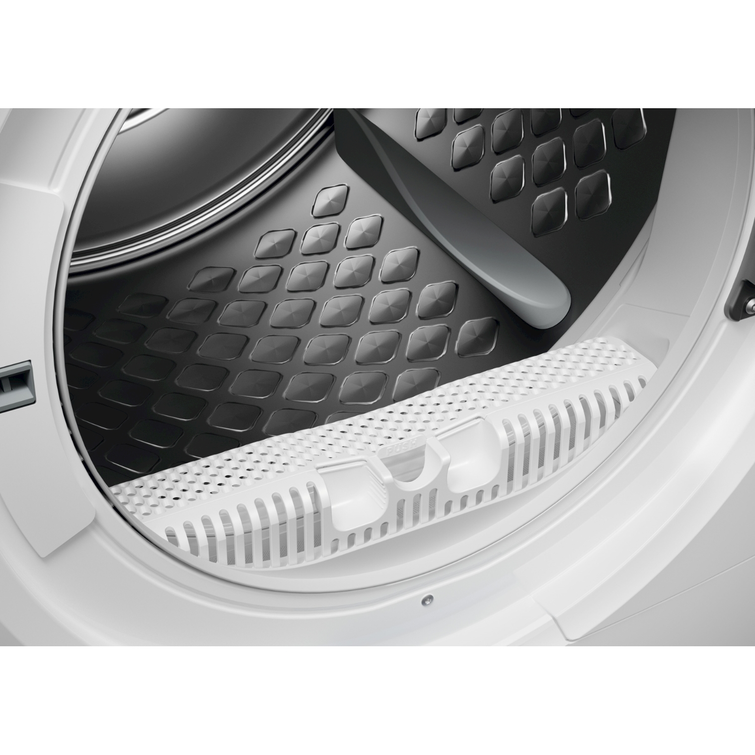 All'interno di un'asciugatrice bianca. Presenta un filtro per lanugine bianco in primo piano. L'interno del tamburo è grigio scuro con motivi a diamante.