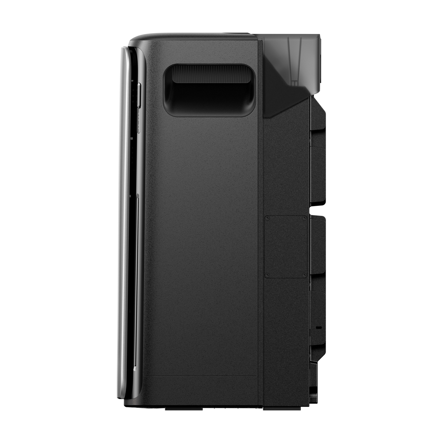 Un dispositivo nero, probabilmente una stampante o uno scanner, è mostrato in vista di profilo su sfondo bianco. Ha una superficie strutturata e un design elegante.