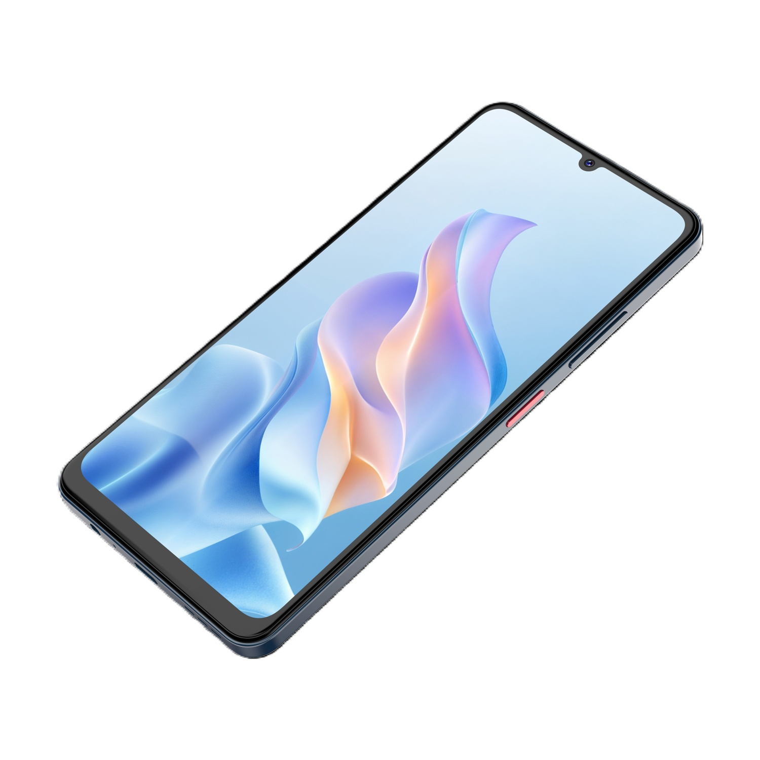 Uno smartphone con cornice blu e schermo con design astratto colorato. Il telefono è angolato e isolato su bianco.