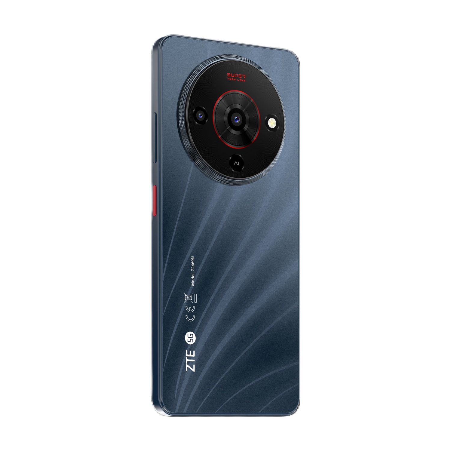 Uno smartphone ZTE blu scuro, con un grande modulo fotocamera con dettagli rossi e le parole 'SUPER' e 'AI'. Il telefono è su sfondo bianco.
