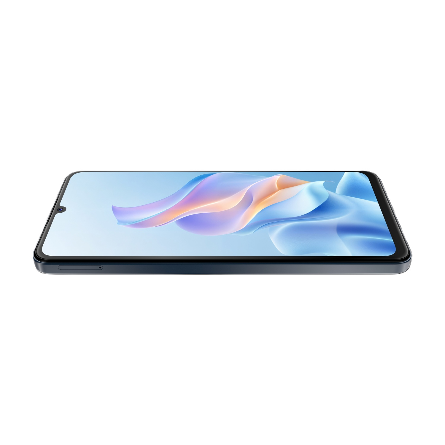 Uno smartphone blu scuro è visualizzato angolato. Lo schermo mostra un design astratto blu e arancione. Lo sfondo è bianco.