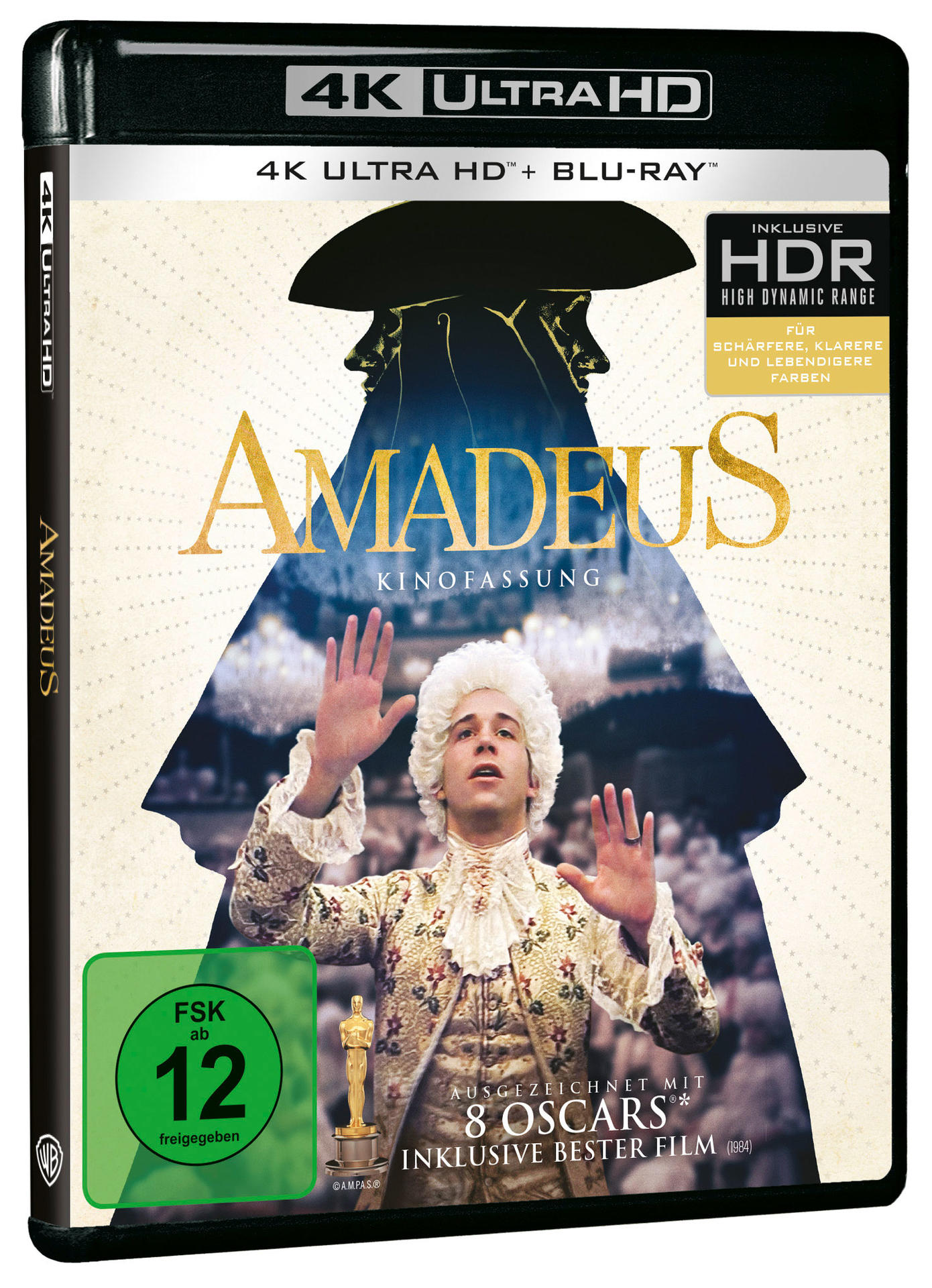 Amadeus Blu-ray-Cover: Ein Mann in historischer Kleidung mit erhobenen Händen. Der Titel Amadeus ist prominent, mit HDR und Oscar-Details.