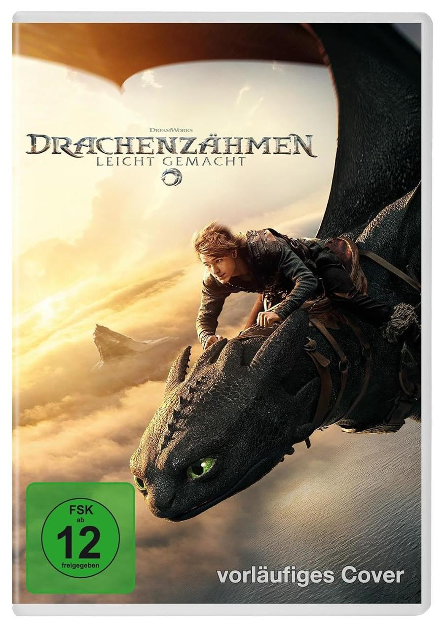 Ein Junge reitet auf einem Drachen. Der DVD-Cover sagt 'Drachenzähmen leicht gemacht'. Ein grünes FSK 12-Abzeichen ist sichtbar.