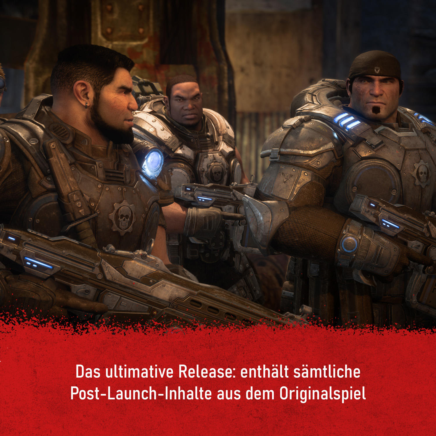 Drei Soldaten in Rüstung halten Gewehre. Roter Spritzer am unteren Rand. Die Szene scheint aus einem Videospiel zu stammen.