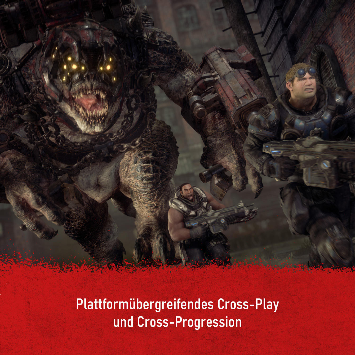 Ein großes Monster und drei Soldaten mit Waffen. Das Monster ist dunkel mit leuchtenden Augen und Ketten. Soldaten in Aktion.