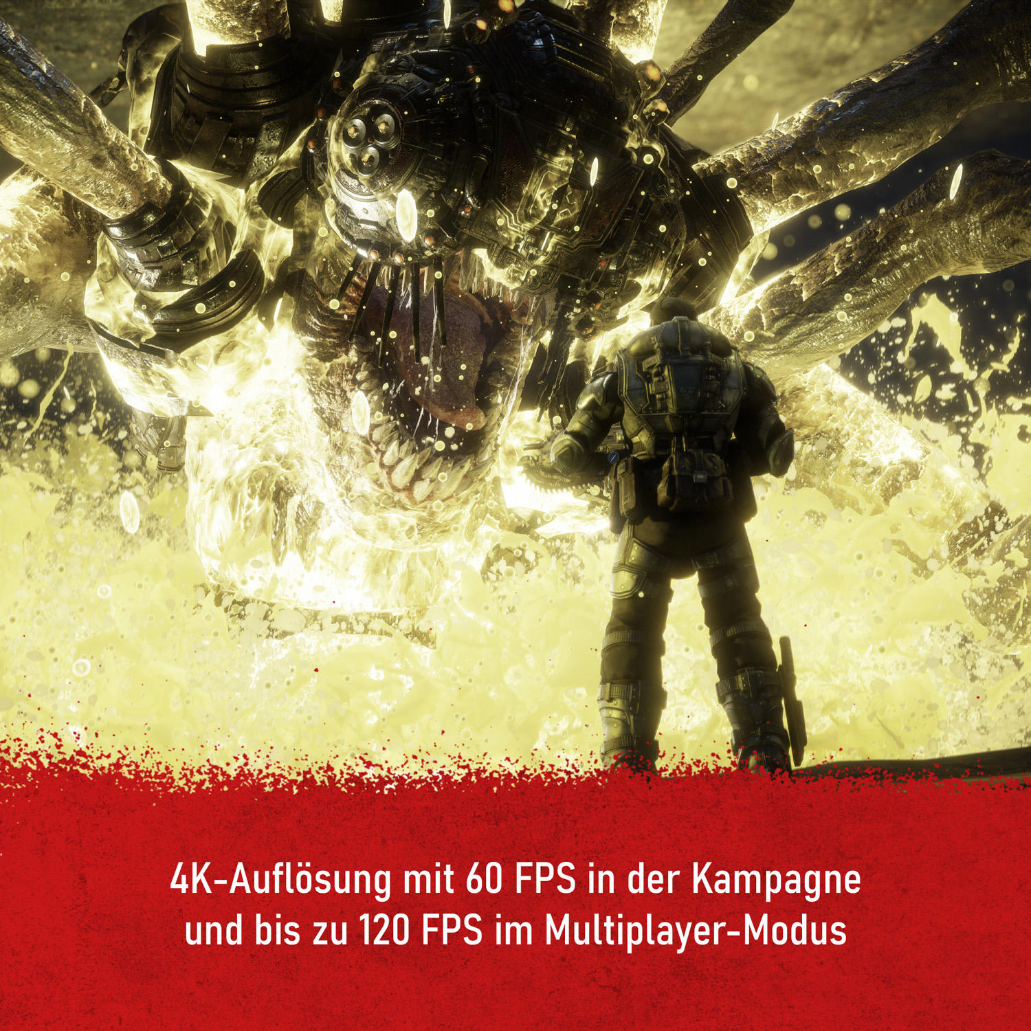 Ein Soldat steht einem riesigen, von gelben Flammen umhüllten Monster gegenüber. Das Monster hat ein großes Maul und mechanische Teile.