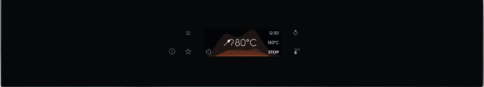 Czarny panel sterowania piekarnika wyświetla ustawienia. Pokazuje temperaturę 80°C, godzinę i inne ikony, takie jak światło i przycisk stop.