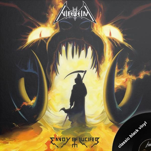 Albumcover mit einer Sensemann-Silhouette vor einem feurigen Dämon. Der Albumtitel lautet "Envoy of Lucifer".