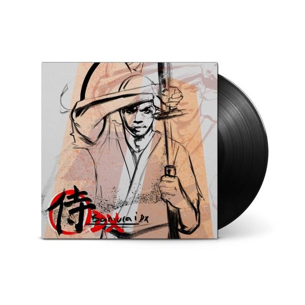 Vinyl-Schallplatten-Cover: eine Samurai-Illustration mit Schwert, japanischem Text und eine schwarze Schallplatte auf weißem Hintergrund.