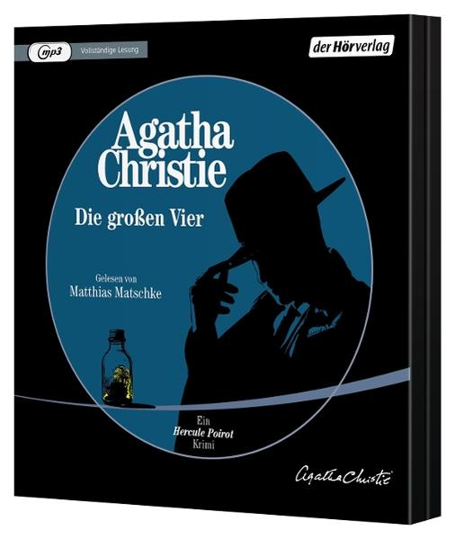 Buchcover, Agatha Christie: Die großen Vier. Eine Silhouette eines Mannes mit Hut, eine Flasche und Text auf blauem Hintergrund.