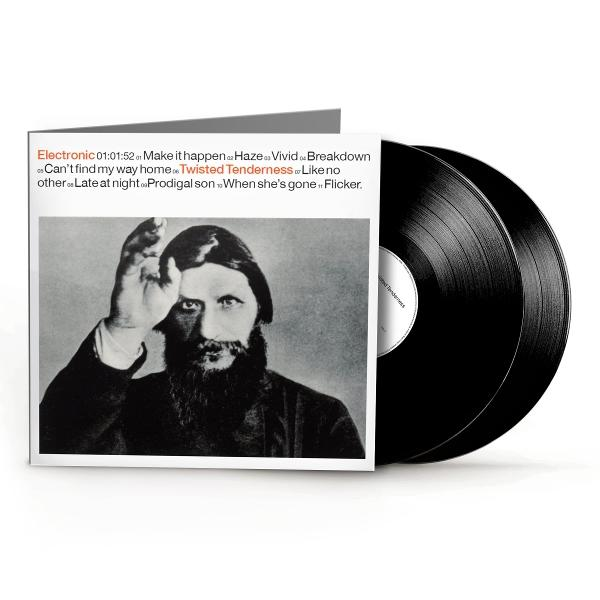 Albumcover mit einem Schwarz-Weiß-Foto eines Mannes mit Bart und zwei schwarzen Schallplatten.