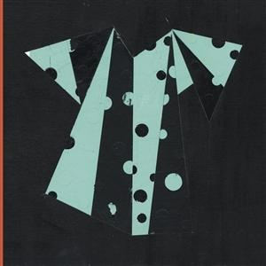 Abstrakte Hemdform. Mintgrün und Schwarz, Polka Dots und Streifen auf schwarzem Hintergrund mit rotem Streifen links.