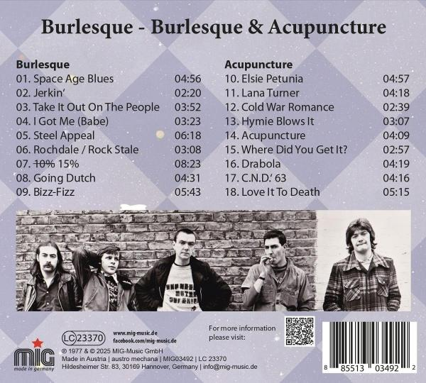 CD-Cover mit Bandmitgliedern, Songliste und Backsteinmauer im Hintergrund, betitelt 'Burlesque - Burlesque & Acupuncture'.
