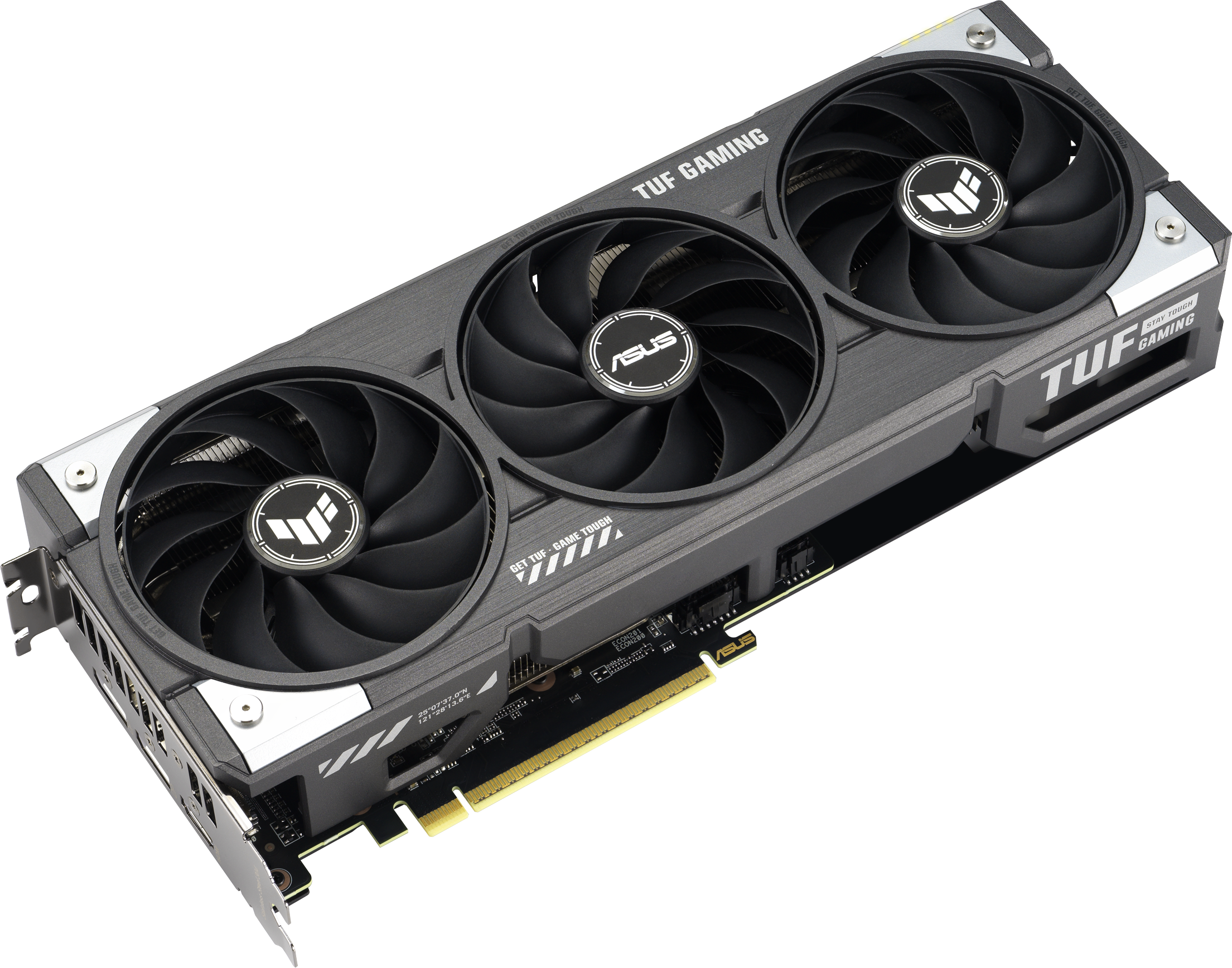Une carte graphique ASUS TUF Gaming noire et grise avec trois ventilateurs sur une surface blanche.