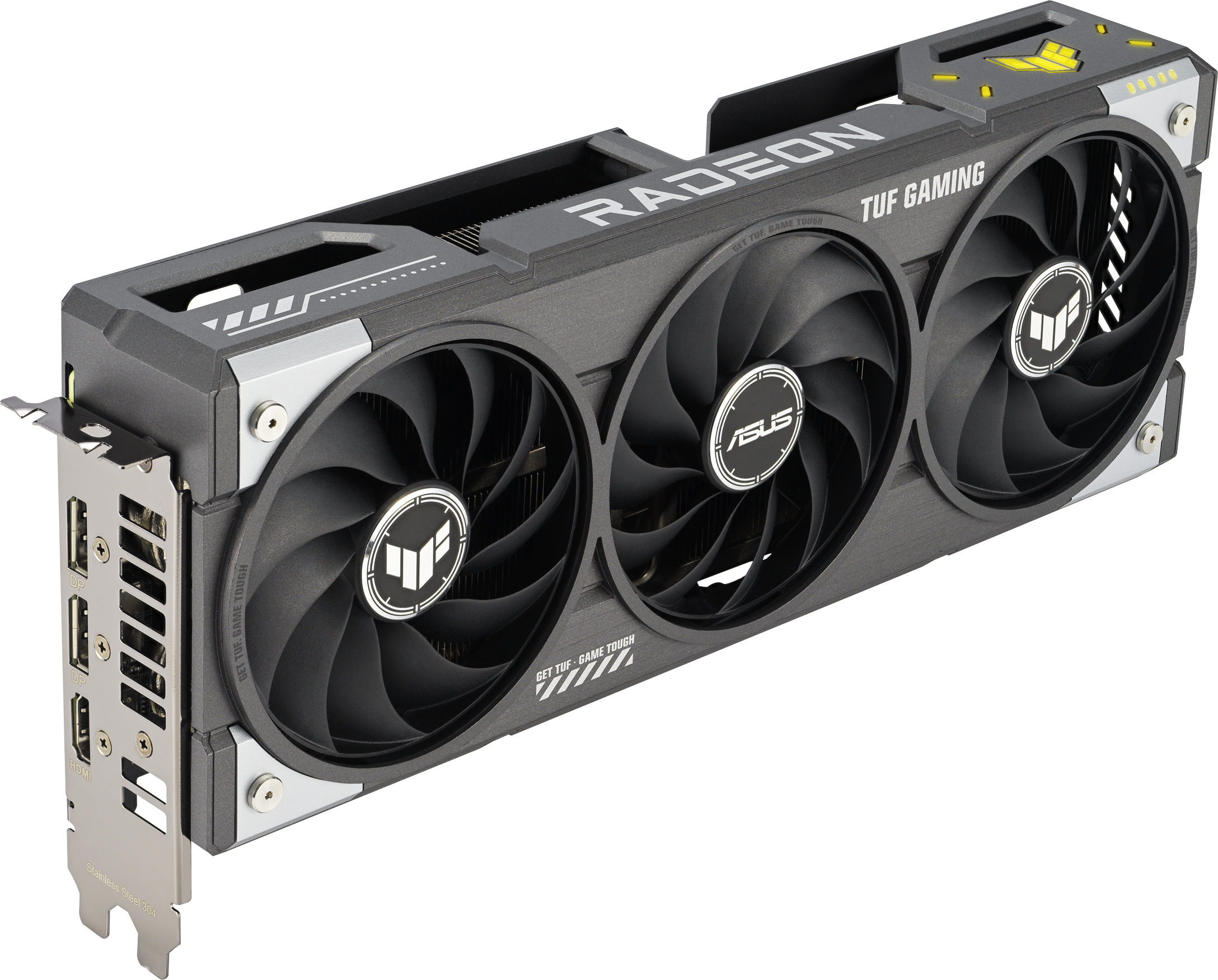 Une carte graphique Asus Radeon grise et noire avec trois ventilateurs. Elle porte les mots "Radeon" et "TUF Gaming".
