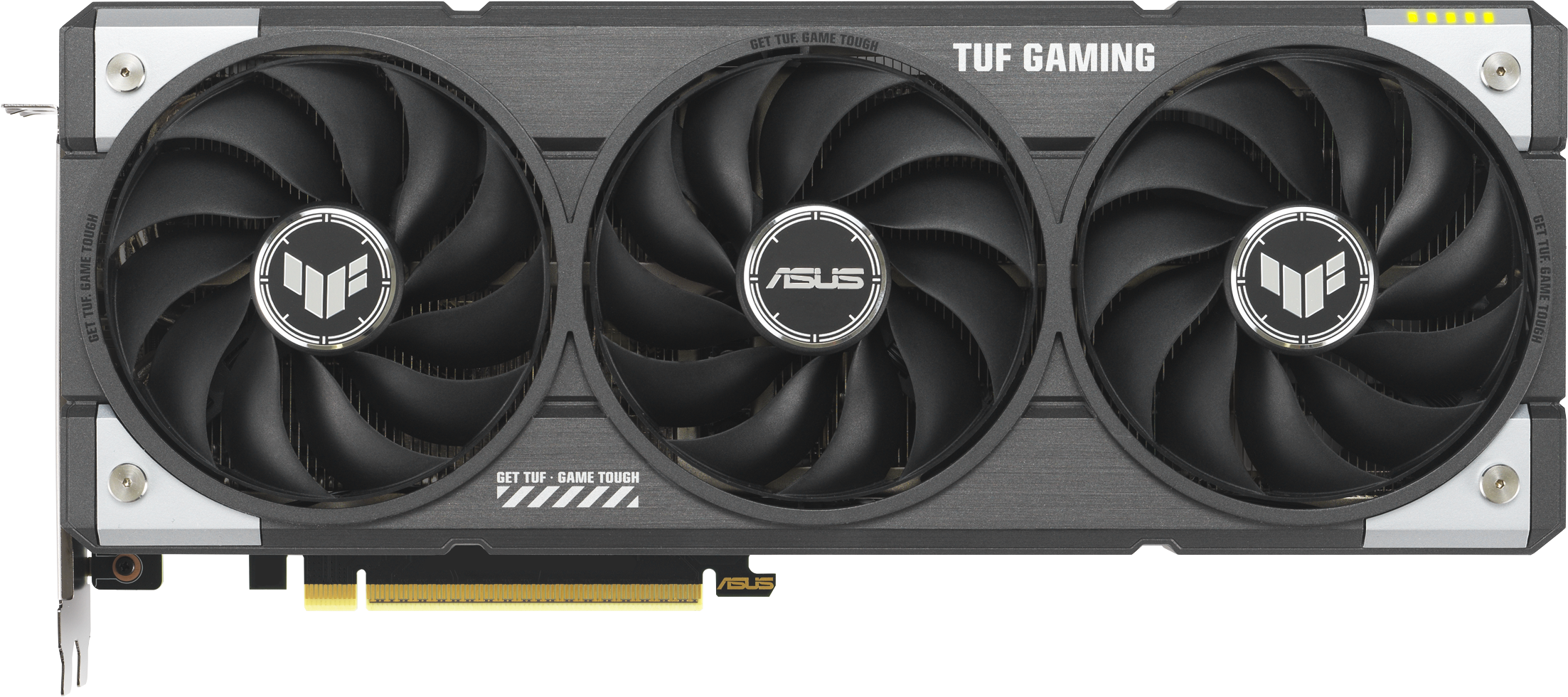 Une carte graphique TUF Gaming noire et grise avec trois ventilateurs, logo ASUS et le texte "GET TUF. GAME TOUGH".