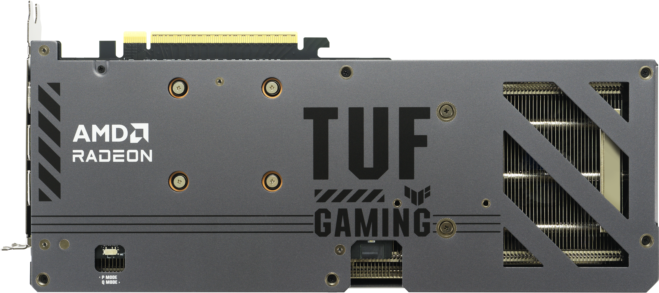 Une carte graphique grise et noire. Elle porte le logo AMD Radeon, TUF GAMING et une grille métallique pour le refroidissement.