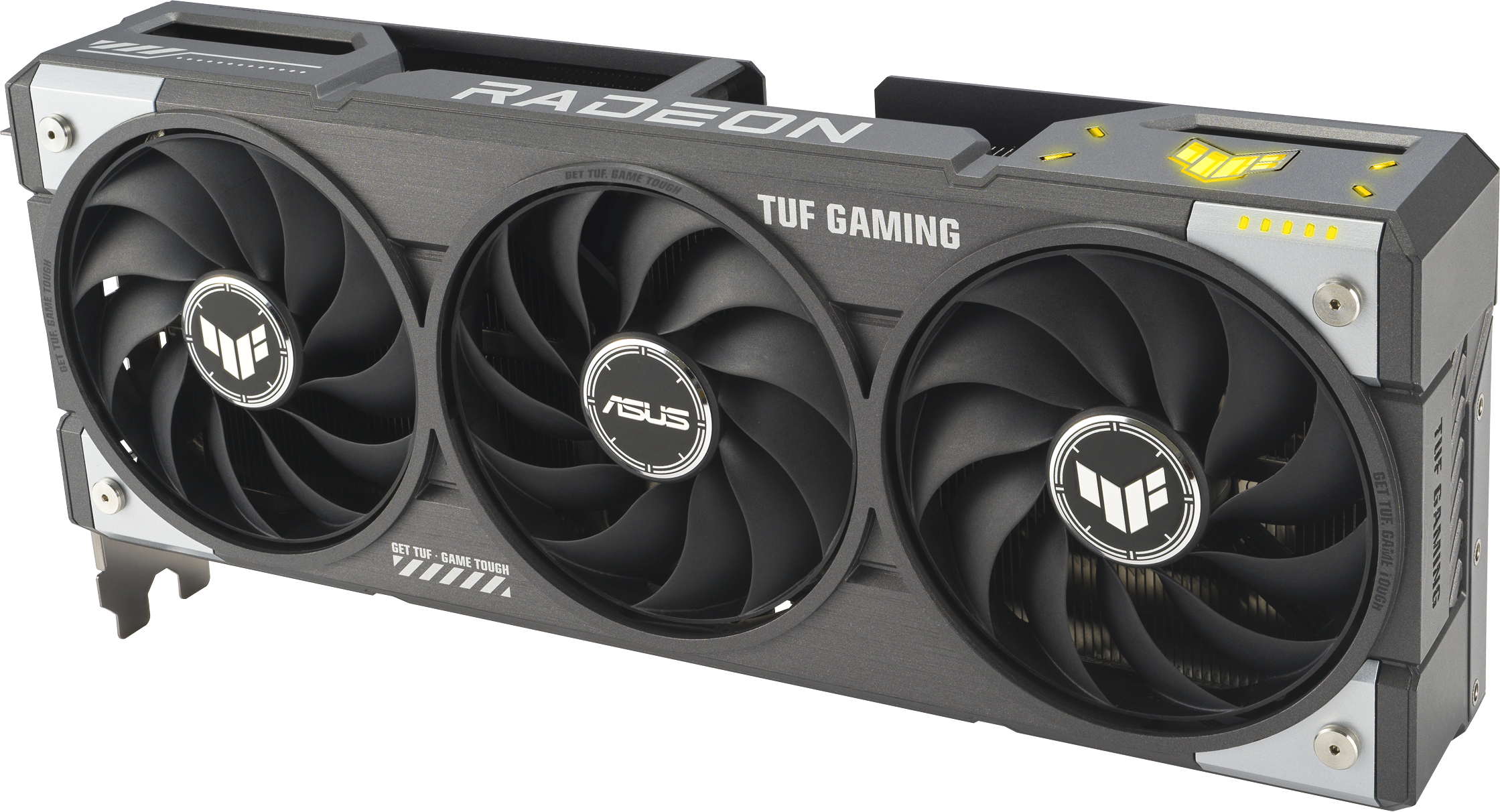 Une carte graphique ASUS TUF Gaming noire et grise avec trois ventilateurs. La carte porte l'inscription 'Radeon' et 'TUF Gaming'.