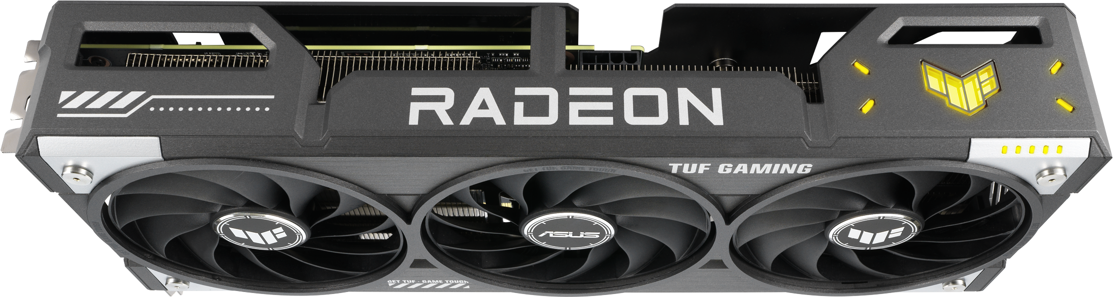Une carte graphique Radeon TUF Gaming noire et grise avec trois ventilateurs. Le logo Radeon est visible.