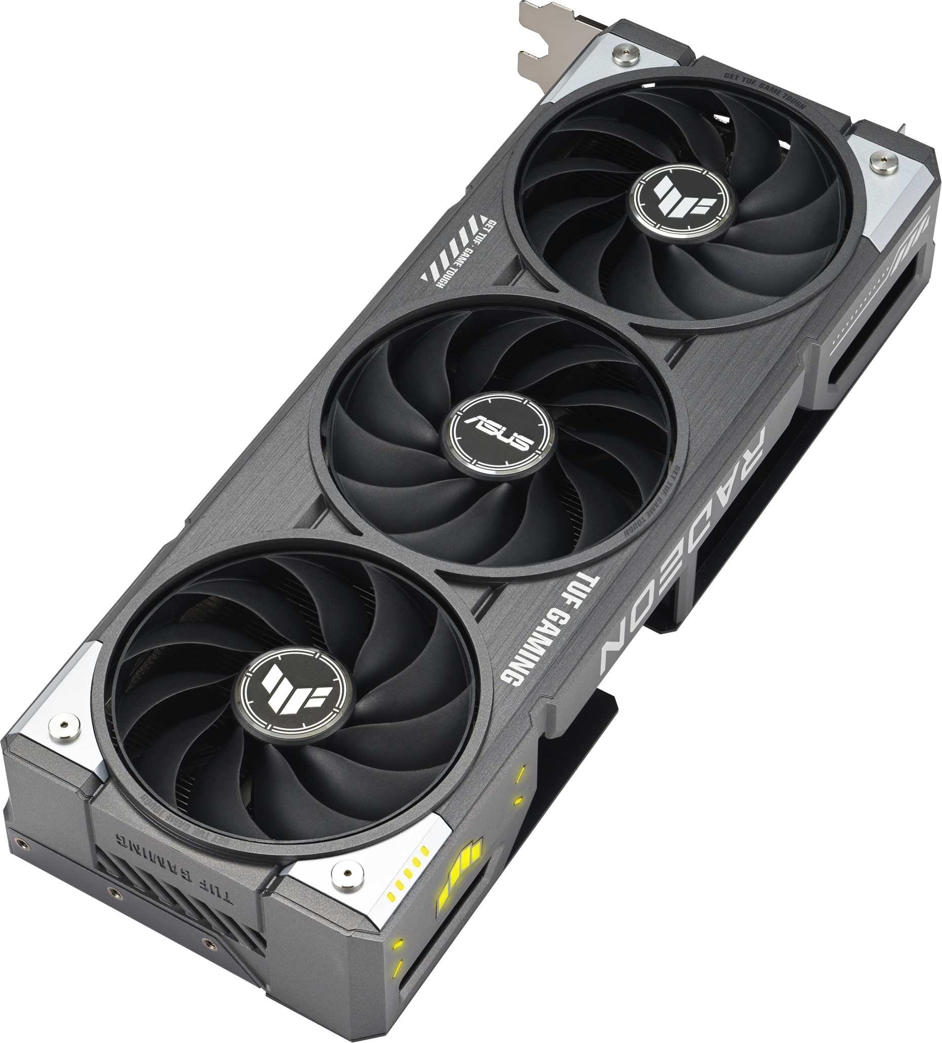 Gros plan d'une carte graphique. Elle possède trois ventilateurs, la marque est ASUS et elle est étiquetée TUF GAMING RADEON.