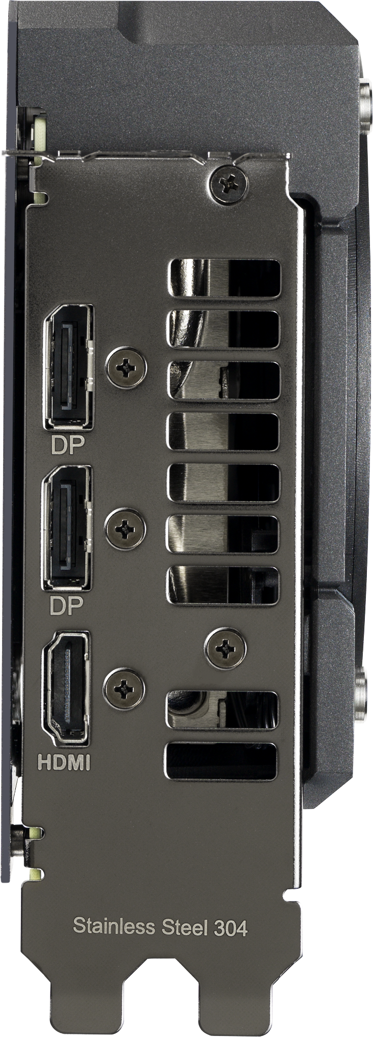 Gros plan sur le panneau de ports d'une carte graphique. Il comporte des ports DP et HDMI, des fentes de refroidissement et le texte 'Stainless Steel 304'.