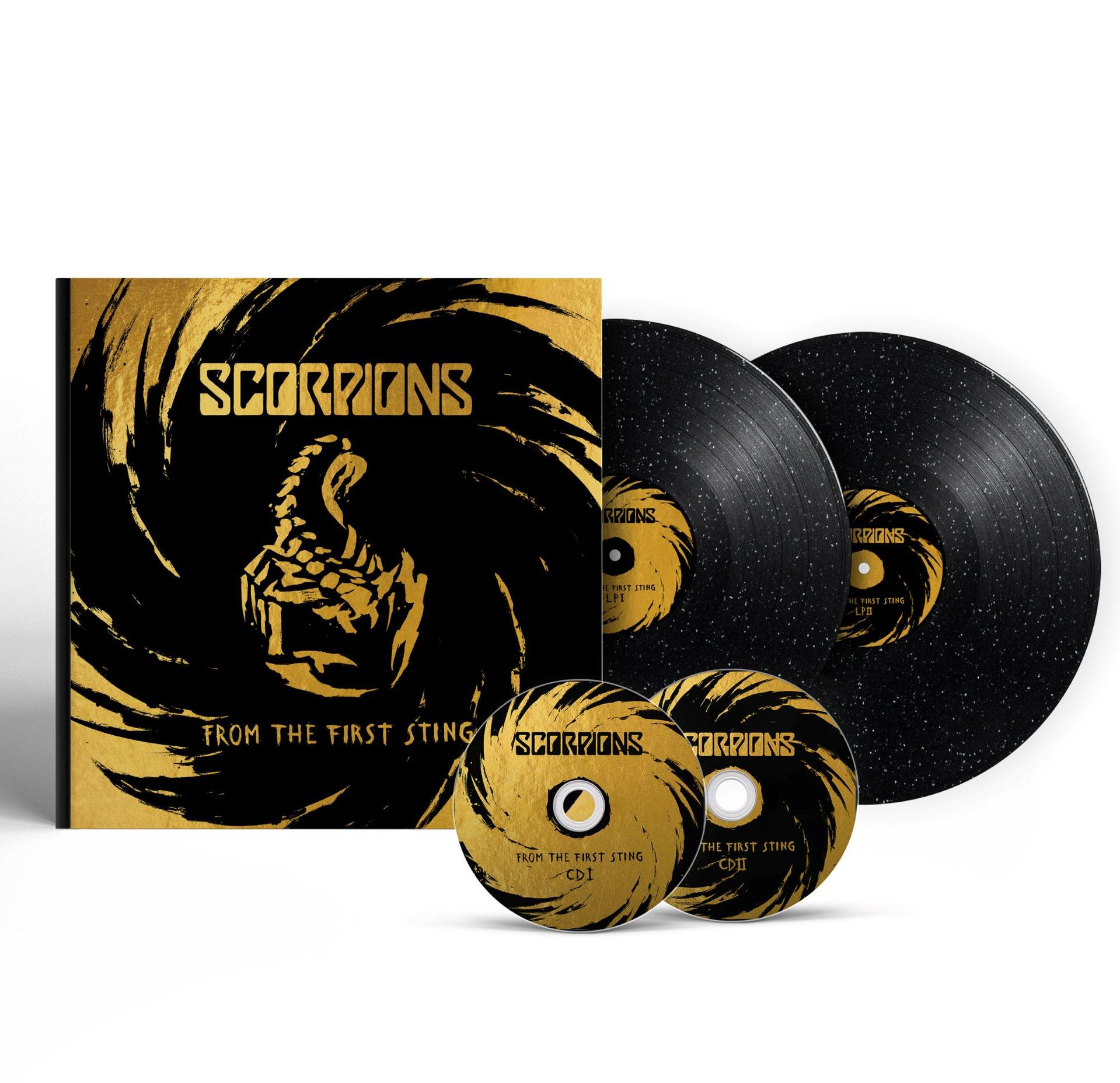 A Scorpions 'From the First Sting' albumának borítója. Albumművészetet, bakelit lemezeket és CD-ket tartalmaz.