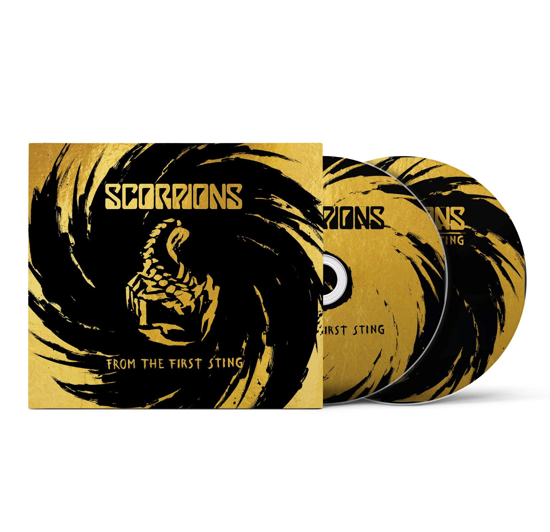 CD-tok és lemezek arany és fekete dizájnnal. A Scorpions zenekar neve látható egy skorpió illusztrációval.
