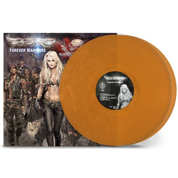 Album borító Doro Pesch-csel, más figurákkal és két narancssárga bakelitlemezzel. Az album címe 'Forever Warriors'.