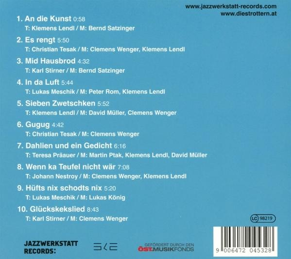 Albumcover mit Songtiteln und Credits. Text auf blauem Hintergrund, mit Barcode und Logo unten.