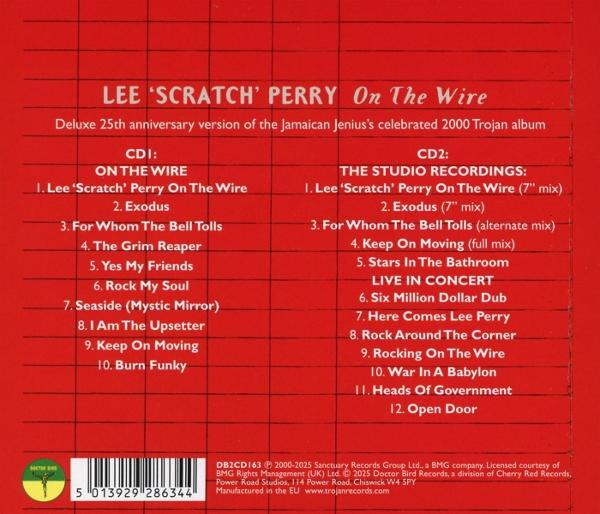 Albumcover für Lee 'Scratch' Perry's 'On The Wire', roter Hintergrund mit Titellisten und Text.