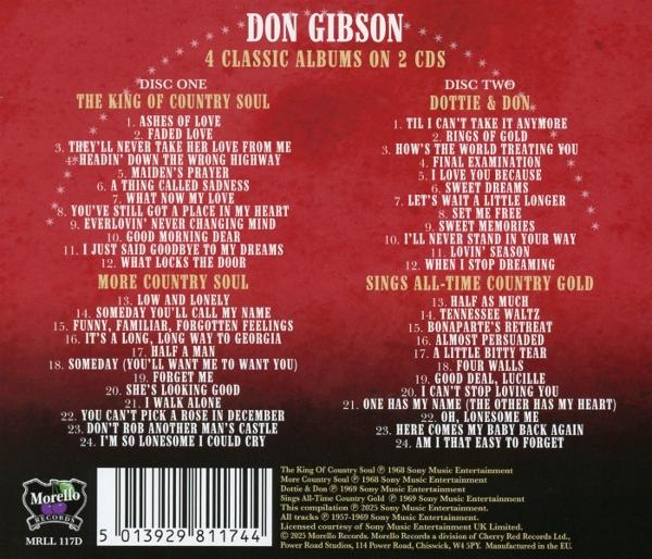 CD-Cover mit Alben von Don Gibson. Listet Songs aus 'The King of Country Soul', 'More Country Soul', 'Dottie & Don' und 'Sings All-Time Country Gold'.