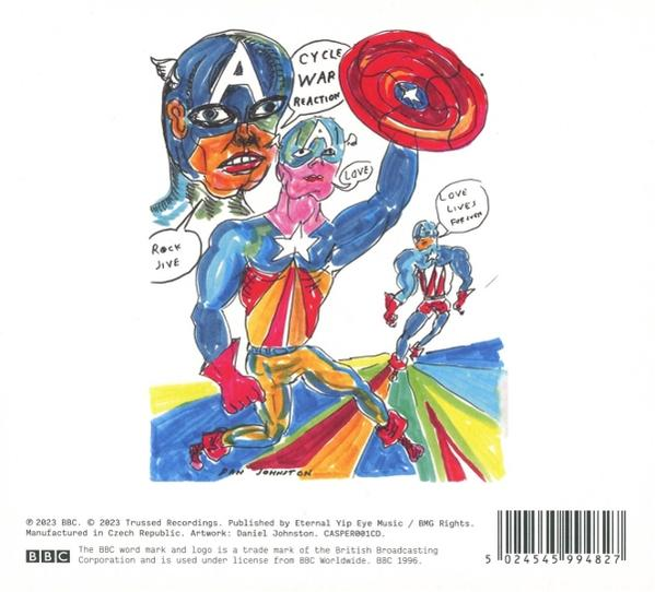 Illustration von Captain America-Figuren mit Schild, Sprechblasen und farbenfrohen Akzenten. Text: Rock Jive, Liebe, Liebe lebt für immer.