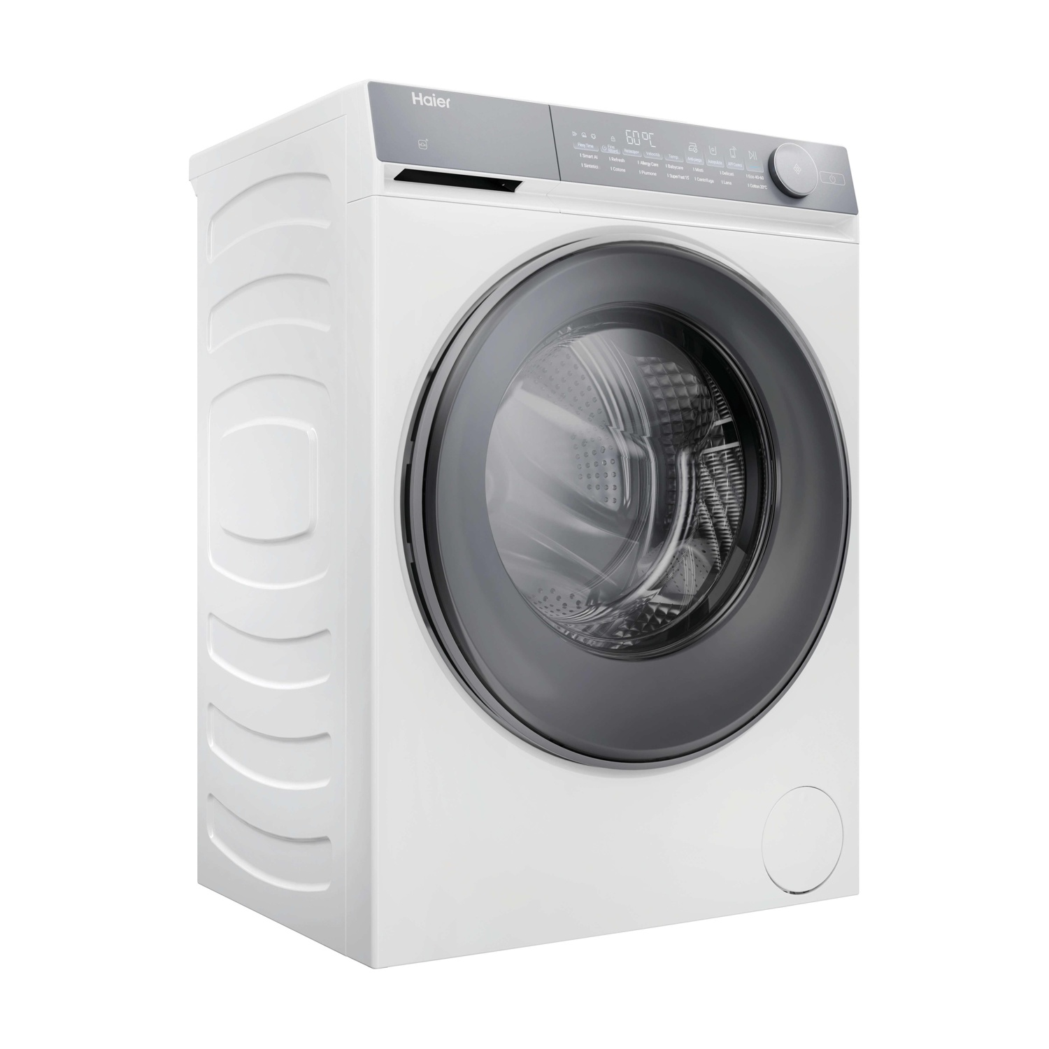 Una lavatrice Haier bianca. Ha una porta grigio scuro e un pannello di controllo con impostazioni. Il display della temperatura mostra 60°C.