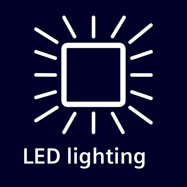 Koyu mavi zemin üzerinde beyaz kare ve ışın yayan çizgiler, altında LED lighting yazısı.