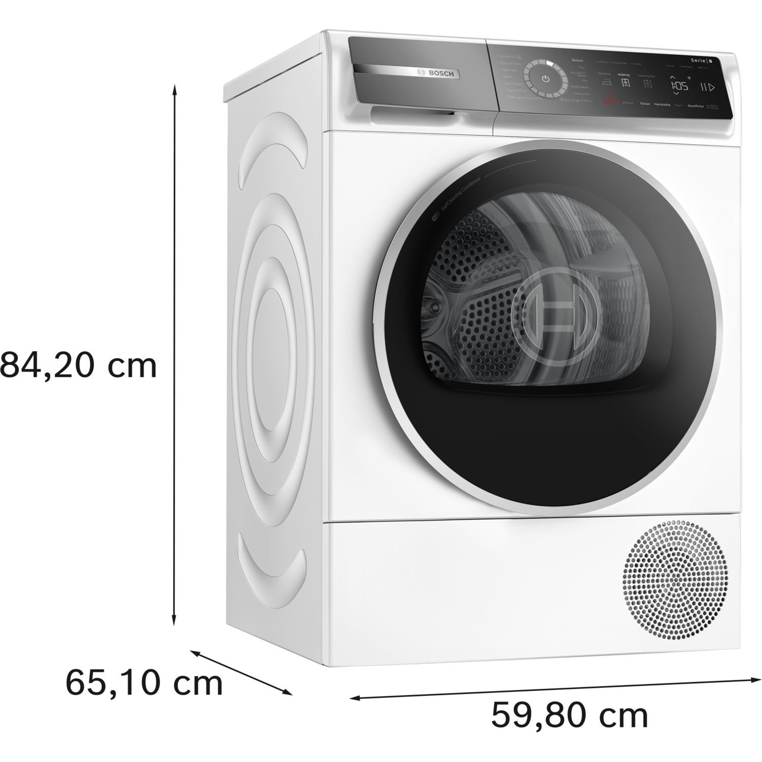 A white Bosch Series 8 dryer with a glass door. It has a control panel at the top and a round vent at the bottom.