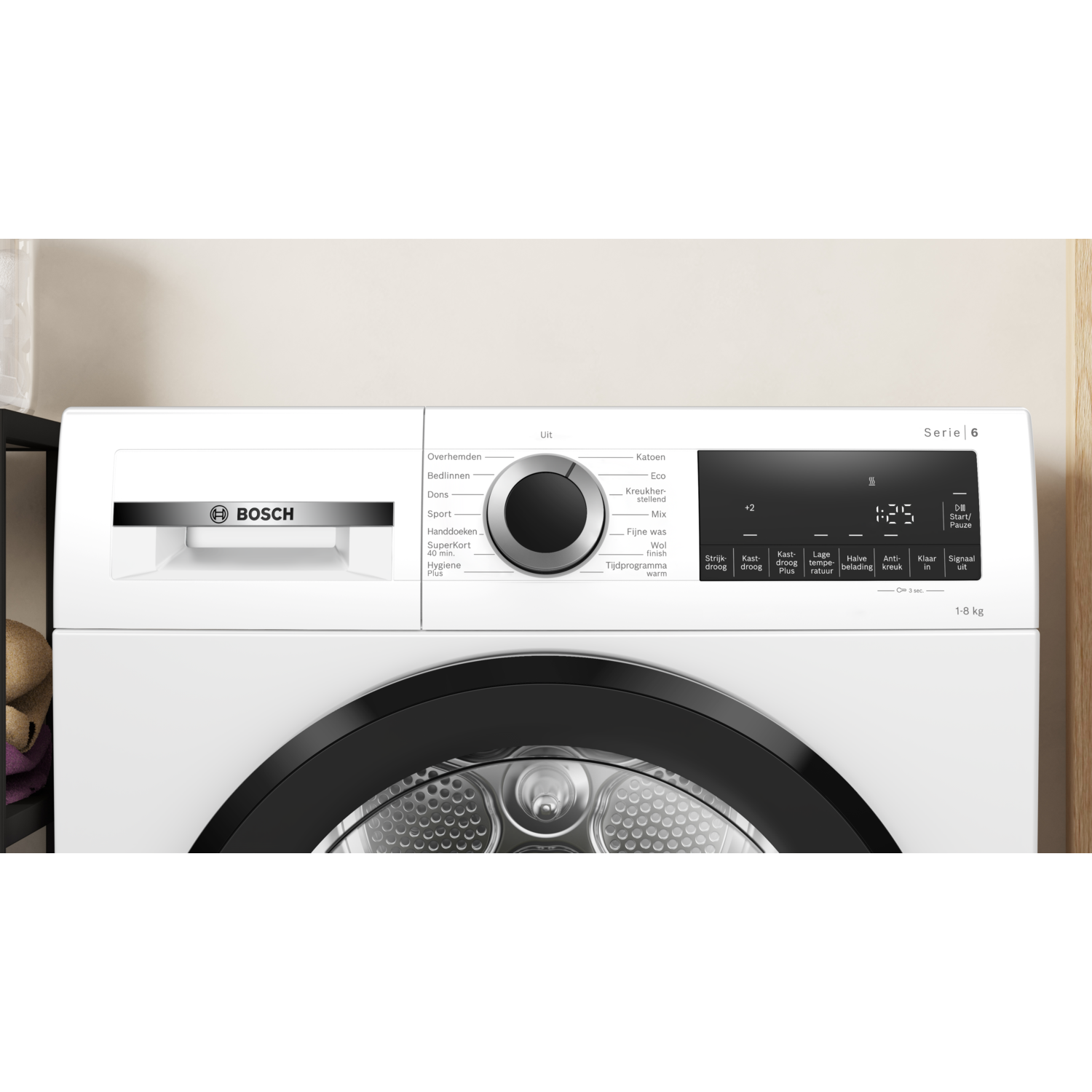 A white Bosch washing machine with a black door. It has a control panel with various settings and a digital display showing time.