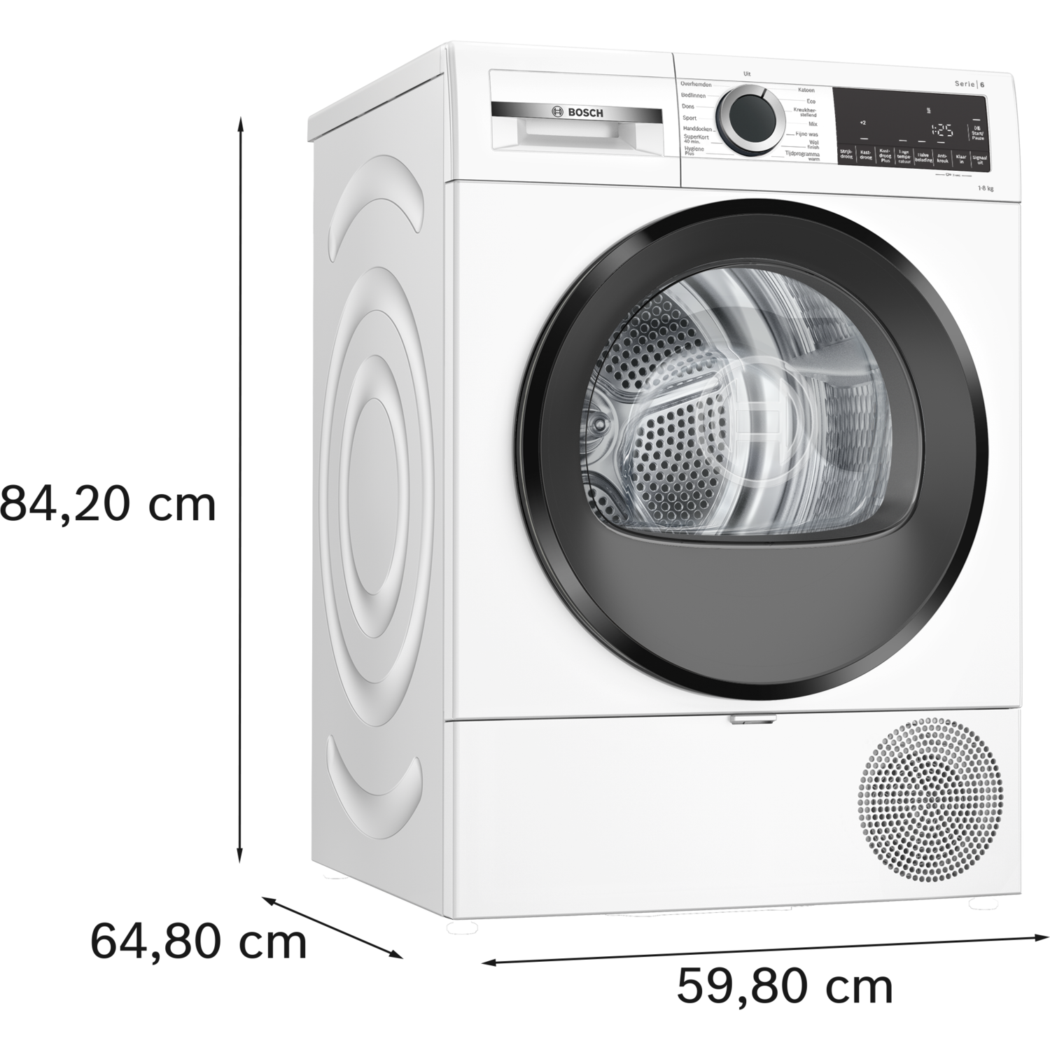 A white Bosch dryer. It has a black door rim and control panel. Features a round door with a visible drum and a vent.