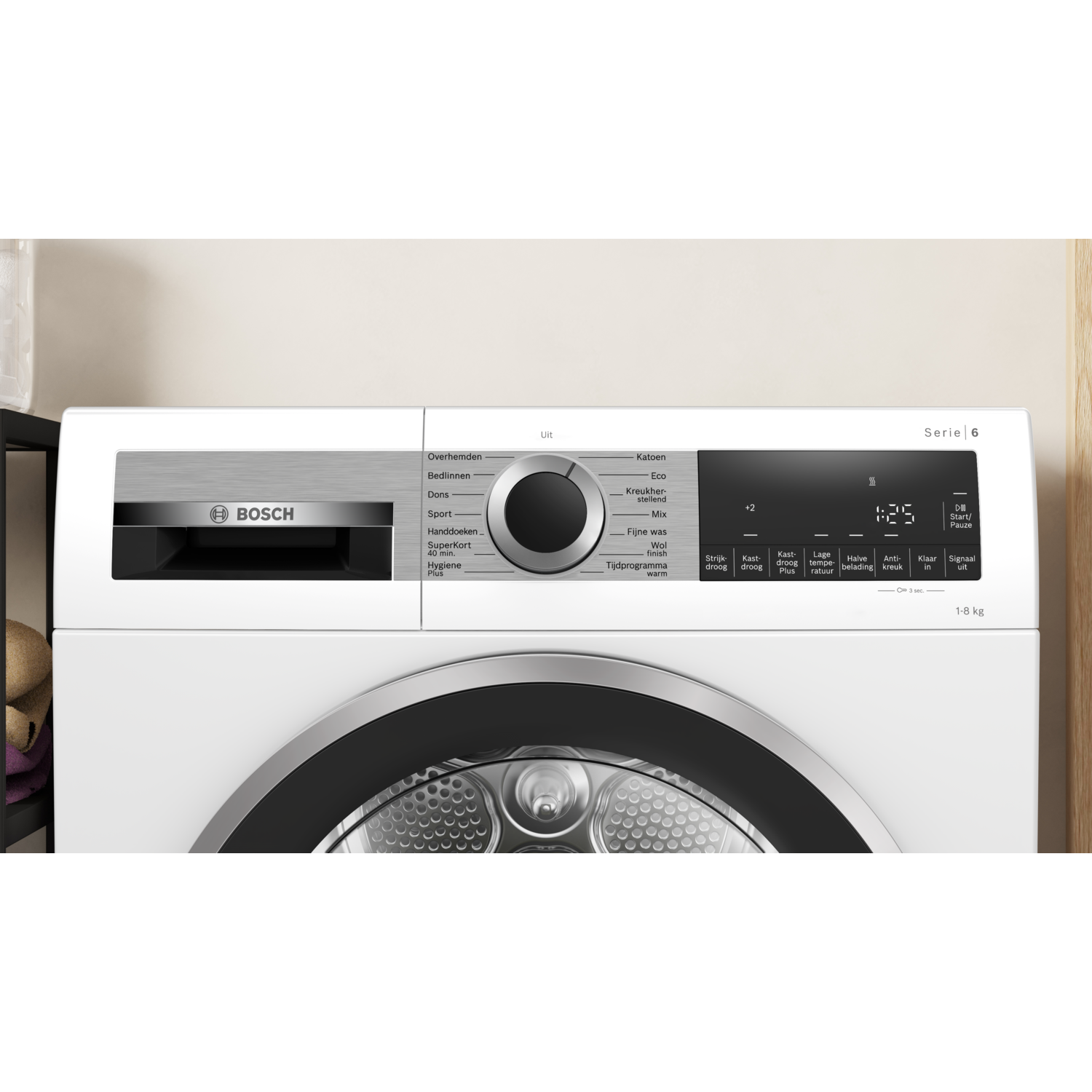 A white Bosch dryer with a digital display showing 1:25. It has a control dial and several program options. The door is dark.