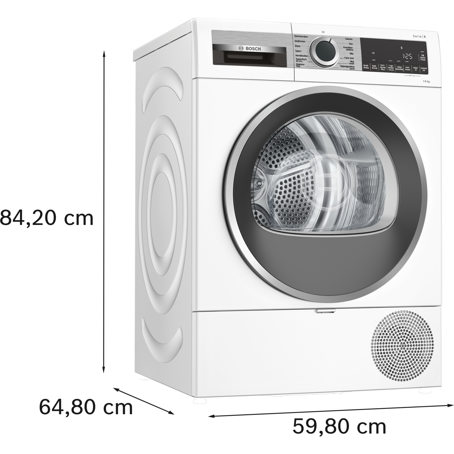 A white Bosch Serie 6 dryer. It has a round door with a dark grey frame. The control panel is at the top.