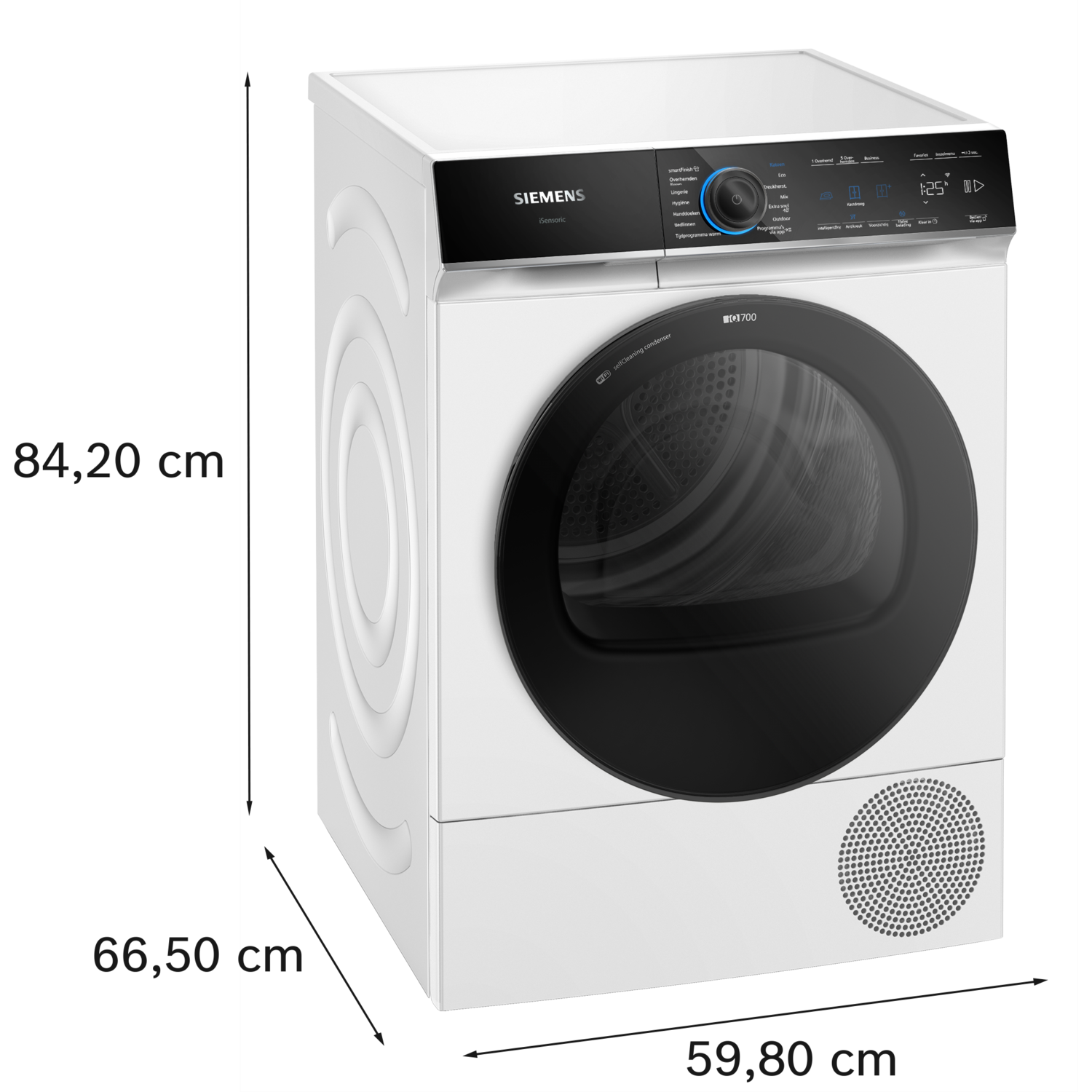 Witte Siemens droger met zwarte deur en bedieningspaneel. Heeft een digitaal display en verschillende programma's.