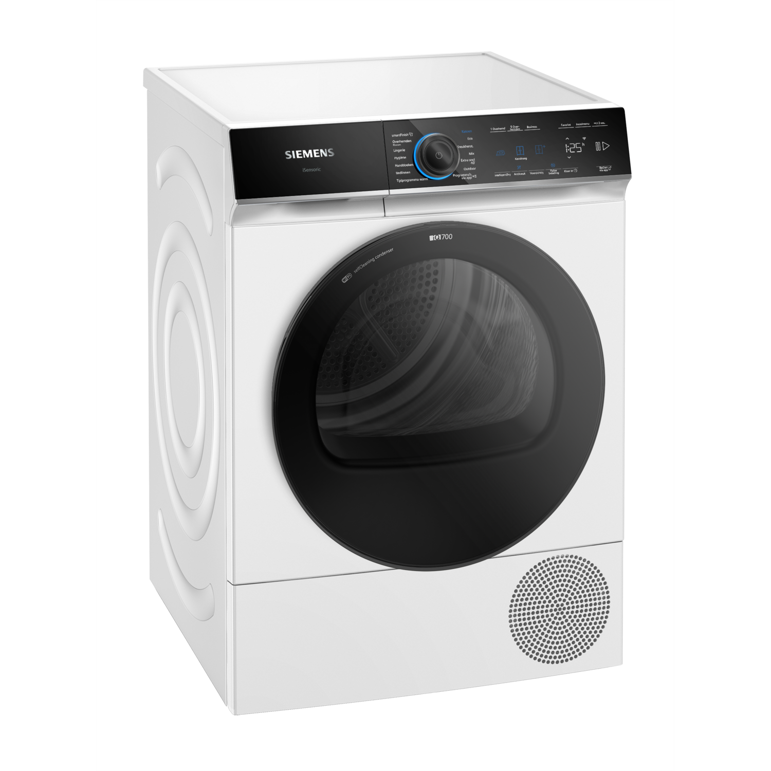 Een witte Siemens droger met een zwarte deur en bedieningspaneel. Het heeft een digitaal display en diverse programma-opties.