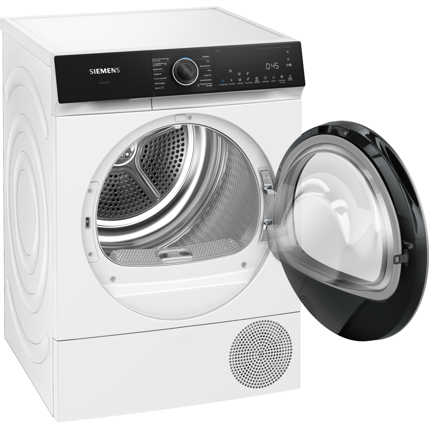 A white Siemens dryer with the door open. The interior drum is visible. The control panel shows various drying options and a timer.