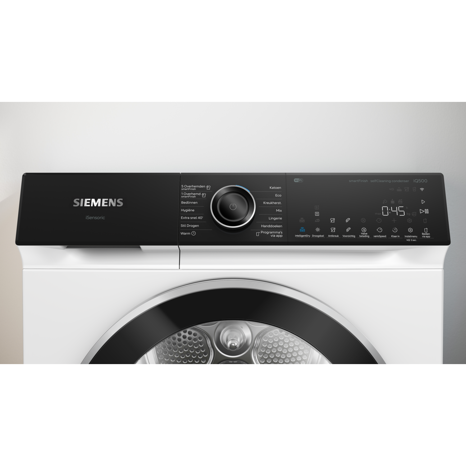 A Siemens iQ500 dryer front view. It has a black control panel with program options and a digital display. The door is black.