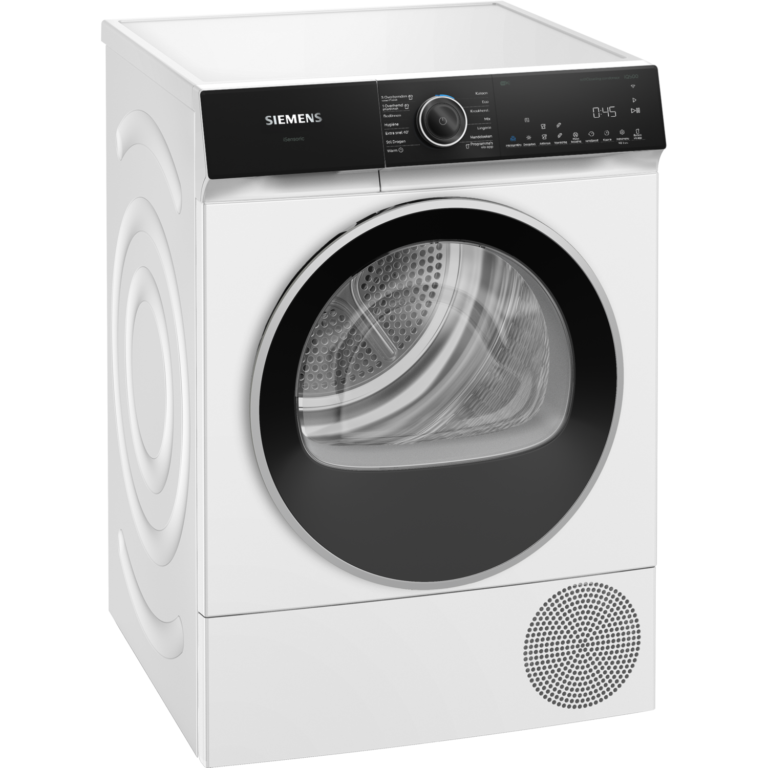 A white Siemens dryer with a black door and control panel. The control panel displays settings and a timer.