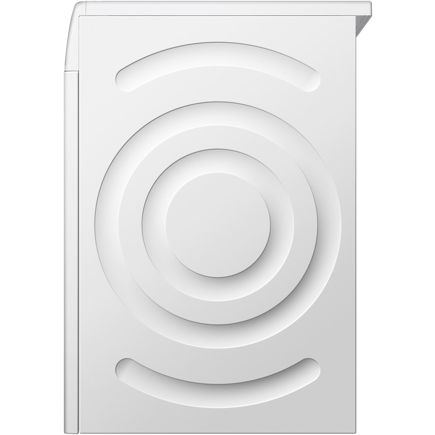 A white washing machine door with circular and semi-circular design elements and a black background.