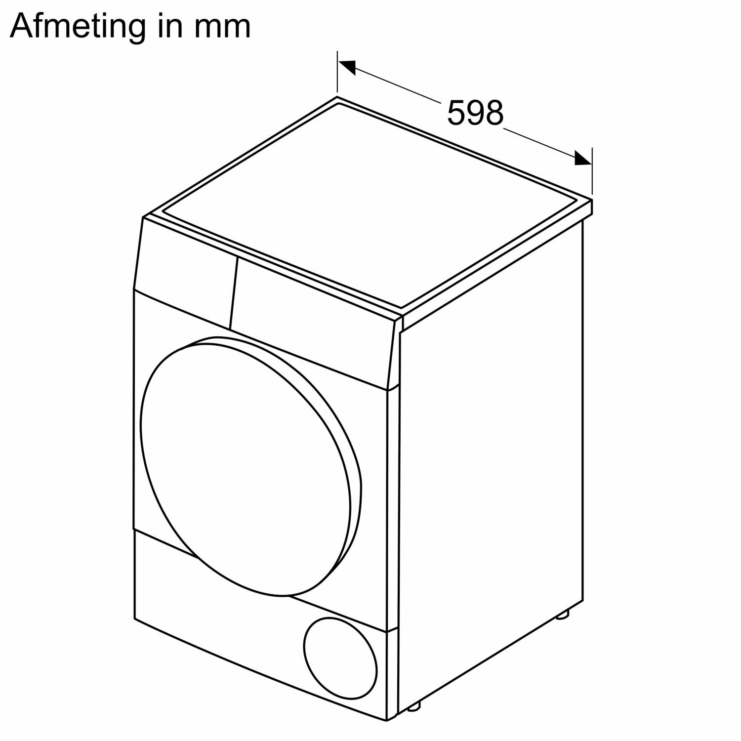 Line drawing of a washing machine with dimensions. The top width is 598 mm. It has a large round door.